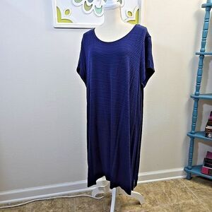 Dressbarn Sunday Black Blue Stripe 3X Woman Dress Short Sleeve Knee Length Rayon